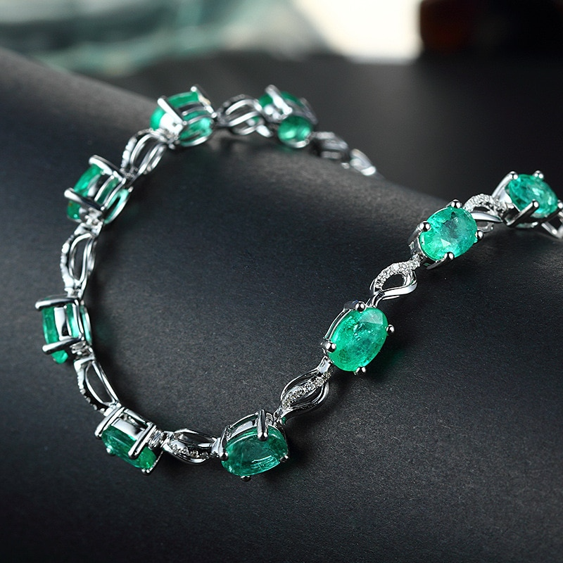 Emerald Gemstone Bracelet 925 Sterling Silver Women Luxury Jewelry